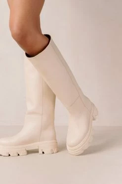 Cheapest 🌟 Women's ALOHAS Katiuska Leather Knee High Platform Boot Ivory 😍